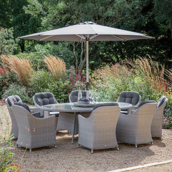 Bramblecrest Wentworth 8 Seat Outdoor Dining Set in Pewter Rattan with Elliptical Table, Lazy Susan, 3m Parasol & Base