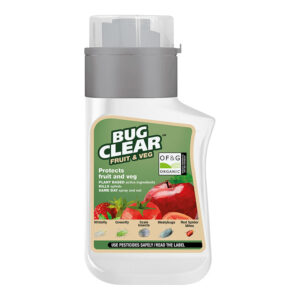 A white, non-drip, 210ml bottle of BugClear Fruit & Veg Pesticide Concentrate.