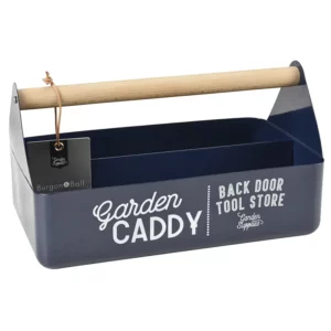 A Burgon & Ball Garden Caddy in Atlantic Blue. The caddy has two full length compartments with a long wooden handle.