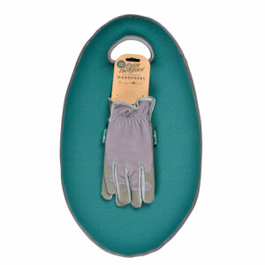 A pair of light grey gardening gloves on top of an Evergreen, egg-shaped garden kneeler with an integrated handle.