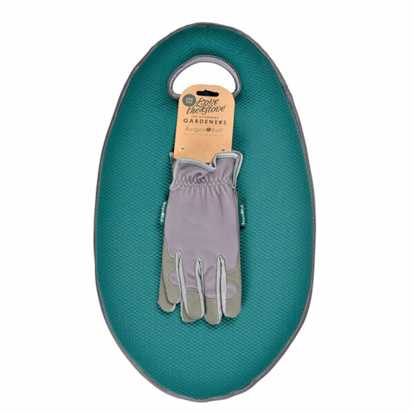 A pair of light grey gardening gloves on top of an Evergreen, egg-shaped garden kneeler with an integrated handle.