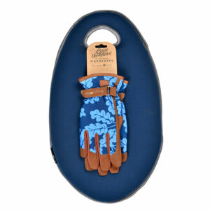 A pair of navy gardening gloves on top of a navy, egg-shaped garden kneeler with an integrated handle.