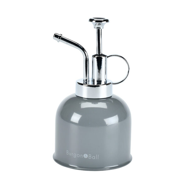A Burgon & Ball Indoor Plant Mister in charcoal grey with a polished chrome pump top.