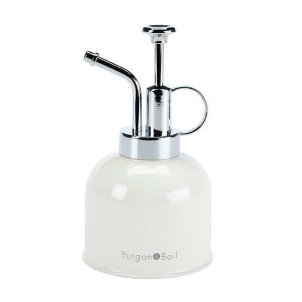 A Burgon & Ball Indoor Plant Mister in a stone colour with a polished chrome pump top.