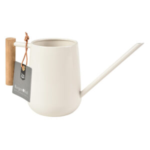 The stone coloured Burgon & Ball Indoor Watering Can with a wooden handle and long, thin spout.