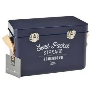 A leather handled Burgon & Ball Seed Packet Storage Tin in Atlantic Blue.
