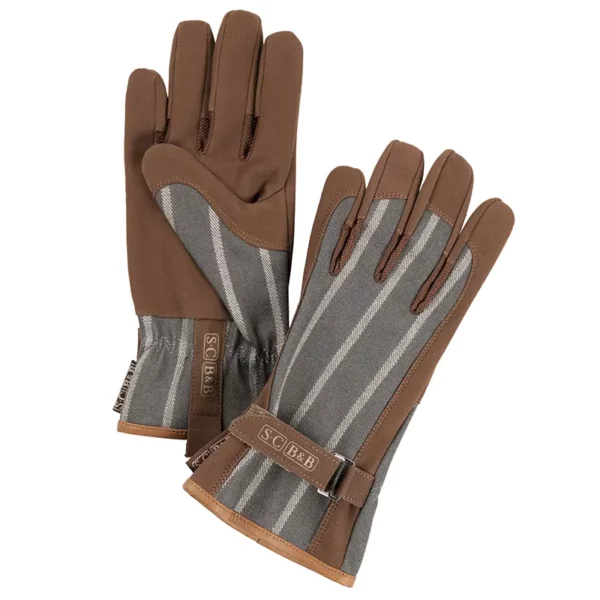 A pair of Burgon & Ball Sophie Conran Everyday Gloves. The gloves have a predominantly grey ticking pattern with brown padded contrast sections.