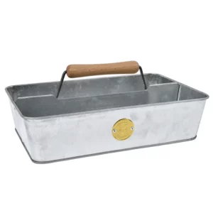 A metal Burgon & Ball Sophie Conran Galvanized Trug. The metal trug has two compartments and a wooden handle.
