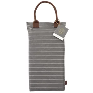 A grey and white striped Burgon & Ball Sophie Conran Garden Kneeler. It has a brown handle and a Burgon and Ball label.