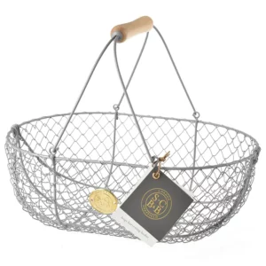 A Burgon & Ball wire basket with a wooden handle on a white background. The basket is large and sturdy, with a mesh construction.