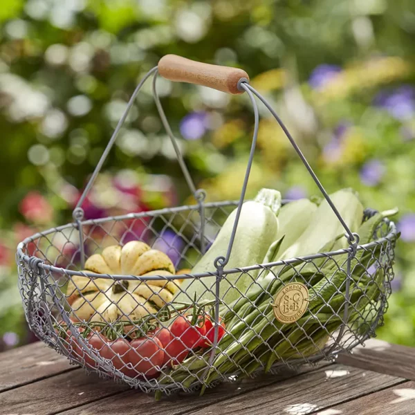 A Burgon & Ball Sophie Conran Large Harvest Basket sat outside on a table holding vegetables.