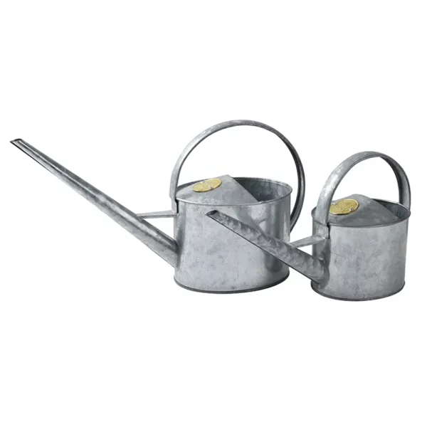 A pair of Galvanized Burgon & Ball Sophie Conran Greenhouse & Indoor Watering Cans. One is 1.7 litres and the other is 1 litre.