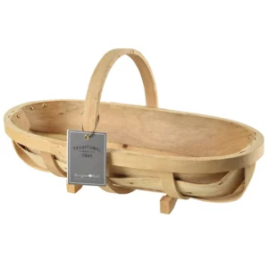 A wooden Burgon & Ball Traditional Trug. It is made from populus wood and has a Burgon & Ball label hanging from it.