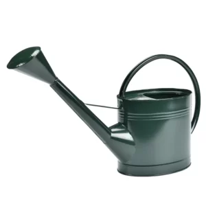 The 9 litre Burgon & Ball Waterfall Watering Can in a British racing green colour. The can has a large looped handle and a watering rose spout.