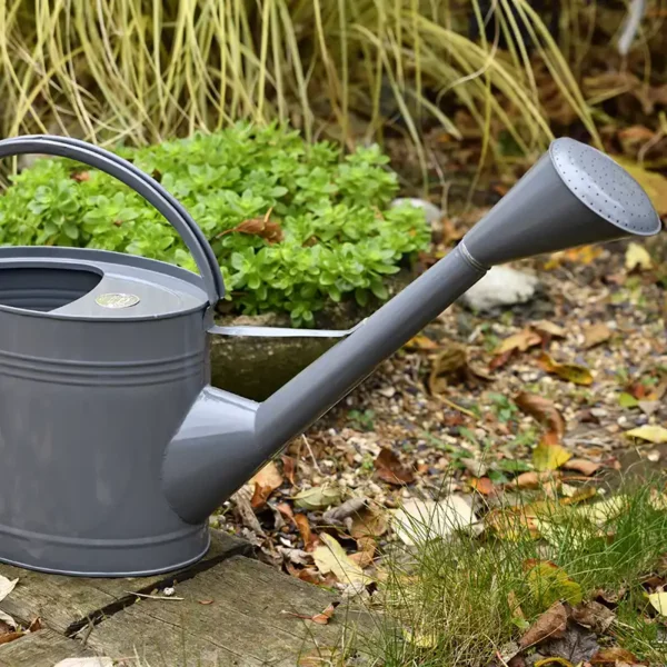 The 9 litre Burgon & Ball Waterfall Watering Can in slate placed on a leafy patio surface.