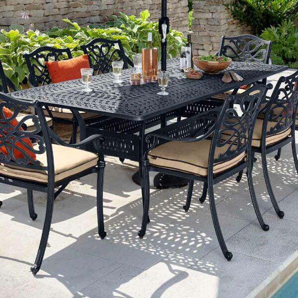 Capri 8 Seat Rectangular Dining Set in Bronze with Amber cushions close up