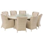 Chedworth 8 Seat Elliptical Firepit Dining Table in Sandstone with fire pit set up