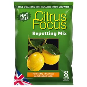 An 8 litre bag of Citrus Focus Peat Free Repotting Mix. The bag is green with a large image of lemons on a branch.