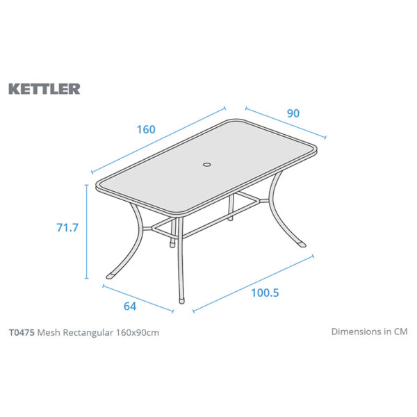 Dimensions for Kettler Classic Mesh Caredo 6 Seat Rectangular Dining Table
