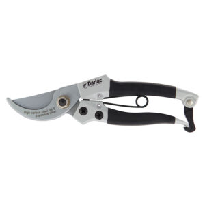 A pair of Darlac Compact Plus Bypass Pruners. The handles are black rubber with curved Japanese steel blades.