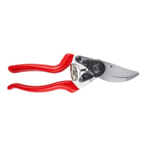 A pair of red handled Darlac Expert Left Hand Pruners. The blades are bypass action with a left-handed catch.