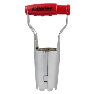 A Darlac Hand Bulb Planter. The planter is metal with a red plastic ergonomic handle.