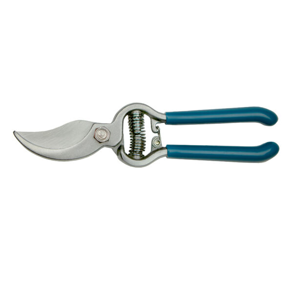 A horizontal pair of Darlac Sarah Raven Drop Forged Bypass Pruners with soft blue handles and silver steel blades.