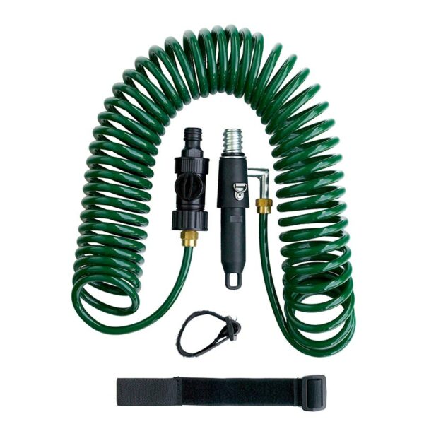 A coiled up green spiral hose with an On/Off valve at one end.