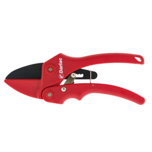 A horizontal red Darlac Standard Ratchet Pruner with a black carbon steel blade.