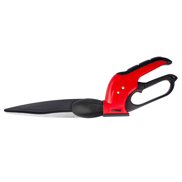 A pair of Darlac Swivel Shears. The handles are red and black and the blades are twisted 90 degrees.