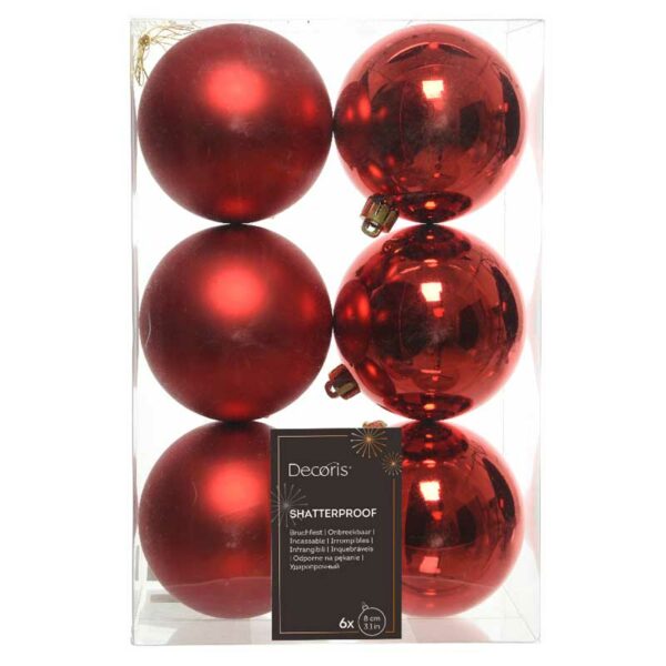 Decoris Shatterproof Baubles in Christmas Red (Pack of 6)