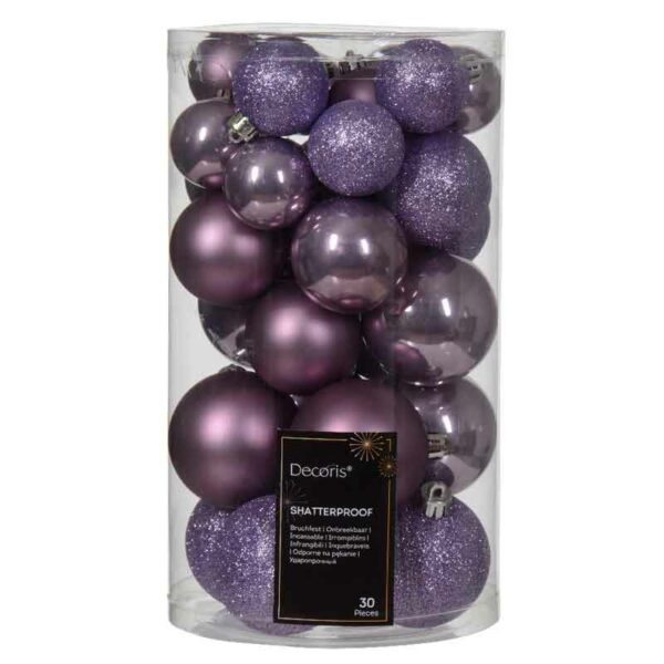 Decoris Shatterproof Baubles in Crystal Lilac (Pack of 30)