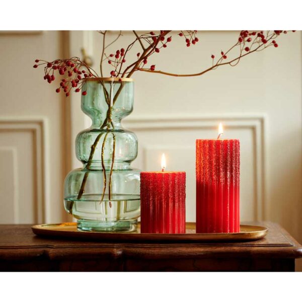 Decoris Red Glitter Ribbed Pillar Candle (15cm)