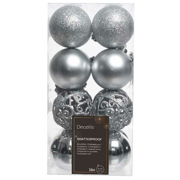 Decoris Shatterproof Bauble Mix in Silver (Pack of 12)