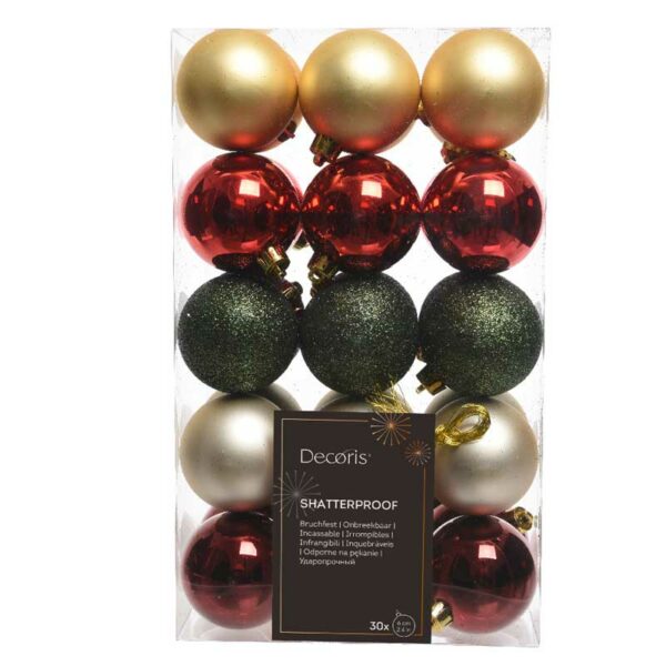 Decoris Shatterproof Baubles in Red, Gold, Pearl & Green (Pack of 30)