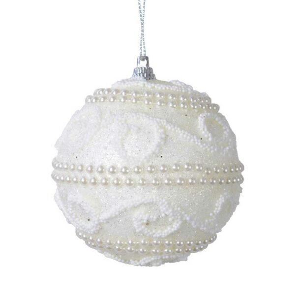 Decoris Foam Bauble with Glitter, Pearls & Swirls in White