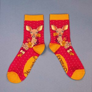 Powder Floral Deer Ankle Socks - Fuschia