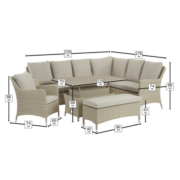 Dimensions for Bramblecrest Tetbury Nutmeg Corner Set with Rectangular Adjustable Table, Dining Bench & Sofa Chair