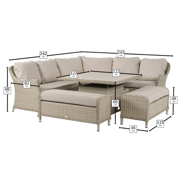 Dimensions for Bramblecrest Monterey Sandstone Curved Modular Lounge Set With Square Glass Height Adjustable Table & 2 Benches