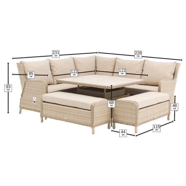 Dimensions for Bramblecrest Somerford Reclining Garden Sofa Set in Sandstone with Square Adjustable Table & 2 Benches