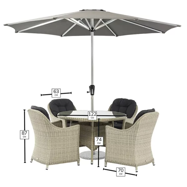 Dimensions for Bramblecrest Monterey Dove Grey 4 Seat Round Dining Set with Parasol & Base