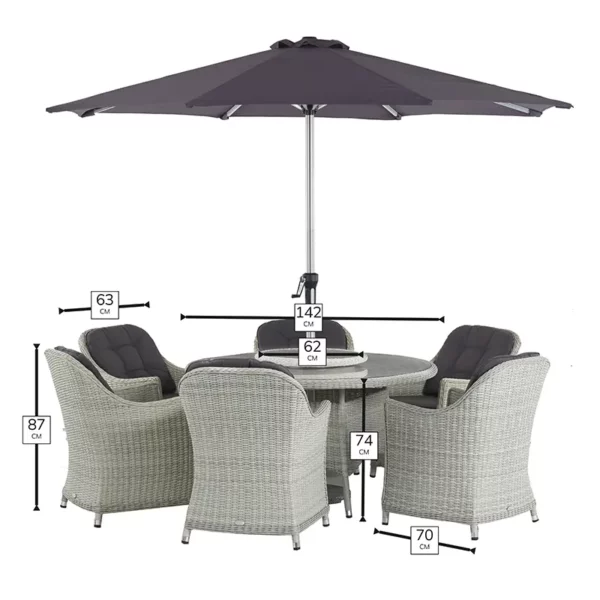 Dimensions for Bramblecrest Monterey Dove Grey 6 Seat Round Dining Set with Lazy Susan, Parasol & Base