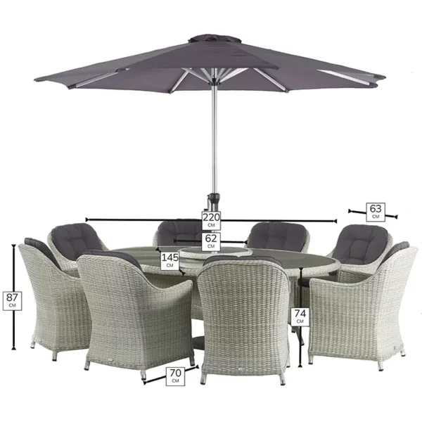 Dimensions for Bramblecrest Monterey Dove Grey 8 Seat Elliptical Dining Set with Lazy Susan, Parasol & Base