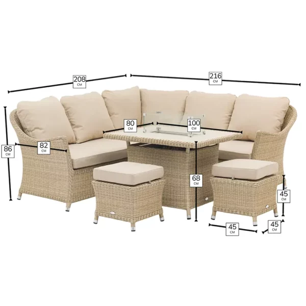Dimensions for Bramblecrest Monterey Sandstone Mini Corner Sofa with Firepit Table & 2 Stools