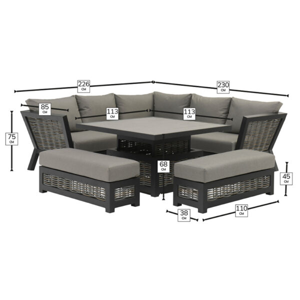 Dimensions for Bramblecrest Tuscan Corner Sofa Set with Square Adjustable Table & 2 Dining Benches