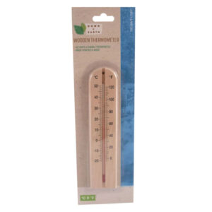 A wooden Down To Earth Thermometer with both Celsius and Fahrenheit readings.