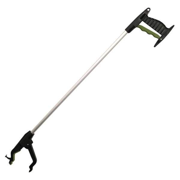 An 80cm litter picker tool with a hand trigger. The handle and grasper are black plastic with an aluminium connecting rod.