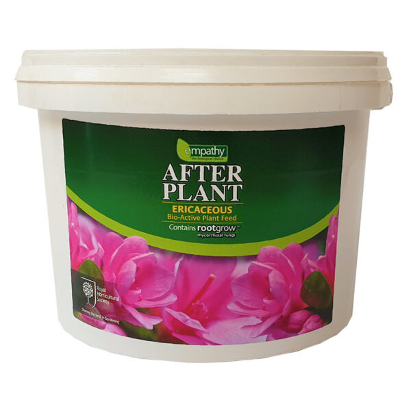 A large, white, 2.5kg tub of Empathy After Plant Ericaceous Plant Feed.