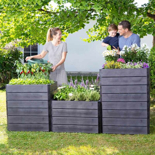 A line of different height stacks of Ergo Quadro Raised Beds. The black wood-effect beds are full of plants.