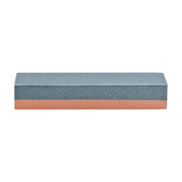 A blue and orange two-tone garden tool sharpening whetstone.